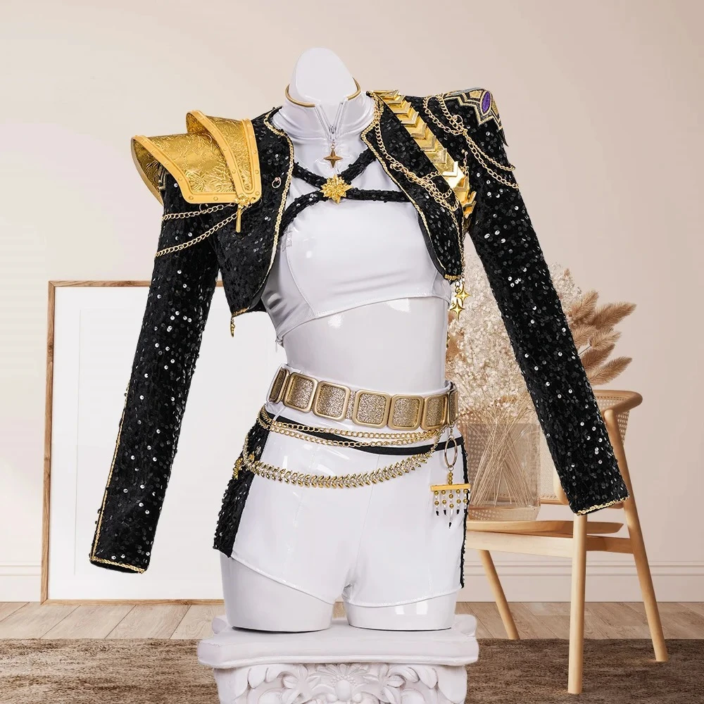 

Anime KPop Demon Hunters Rumi Cosplay Costume Girl Rumi Black and White Performance Outfit Coat Vest Shorts Full Set Custom Made