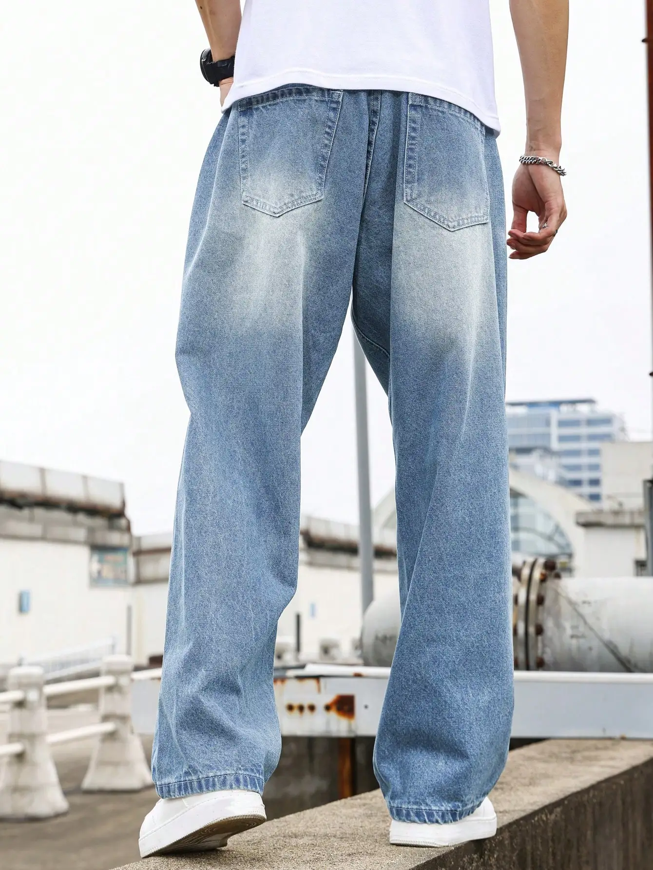 Men's Light Wash Baggy Wide Leg Jeans, Gradient Faded Loose Denim Pants, Streetwear Hip Hop Casual Denim Trousers