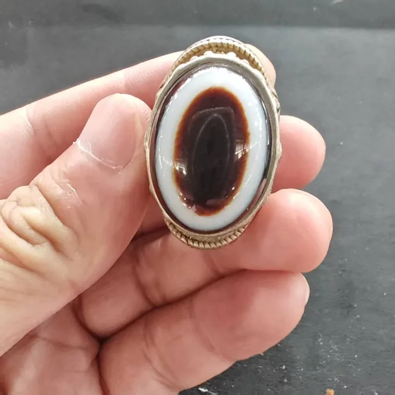 Retro Antique Metal Braided Border Ring Unisex Oriental Style Oval Simulated Evil Eye Cabochon Inlaid Adjustable Finger Ornament