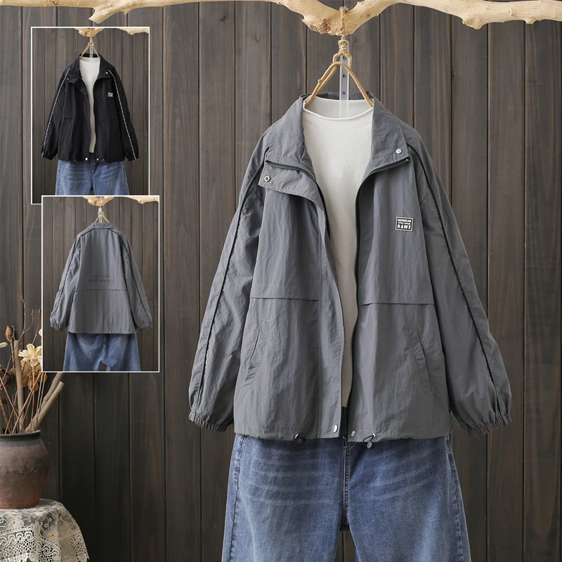 

Casual Oversized Spring Autumn Jacket Korean Style Letter Print Stand Collar Back Design Loose Top for plus Size Women