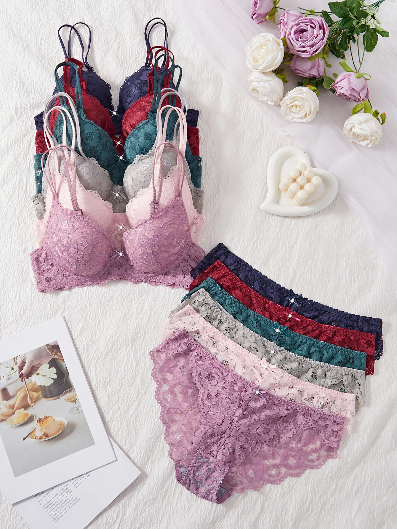 Conjunto de 6 piezas de sujetador y bragas para mujer, conjunto sexy con encaje estampado y patchwork, sin forro, ajuste cómodo, sujetador push-up para mujer, conjunto de ropa interior femenina