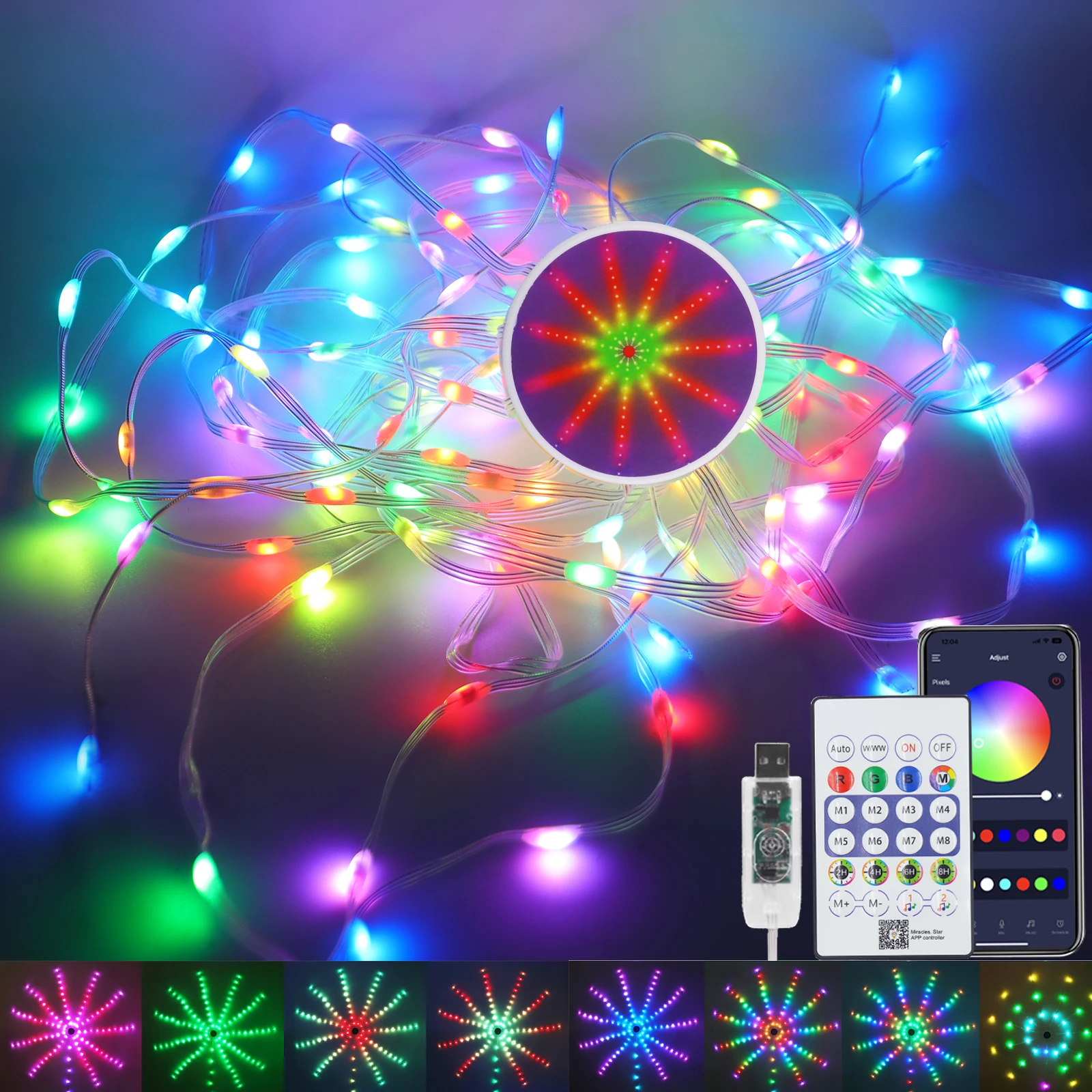 WS2812 RGB LED Firework Light String 5V USB Sync Music Bluetooth APP Controller Dream Color Garland Wedding Christmas Decoration
