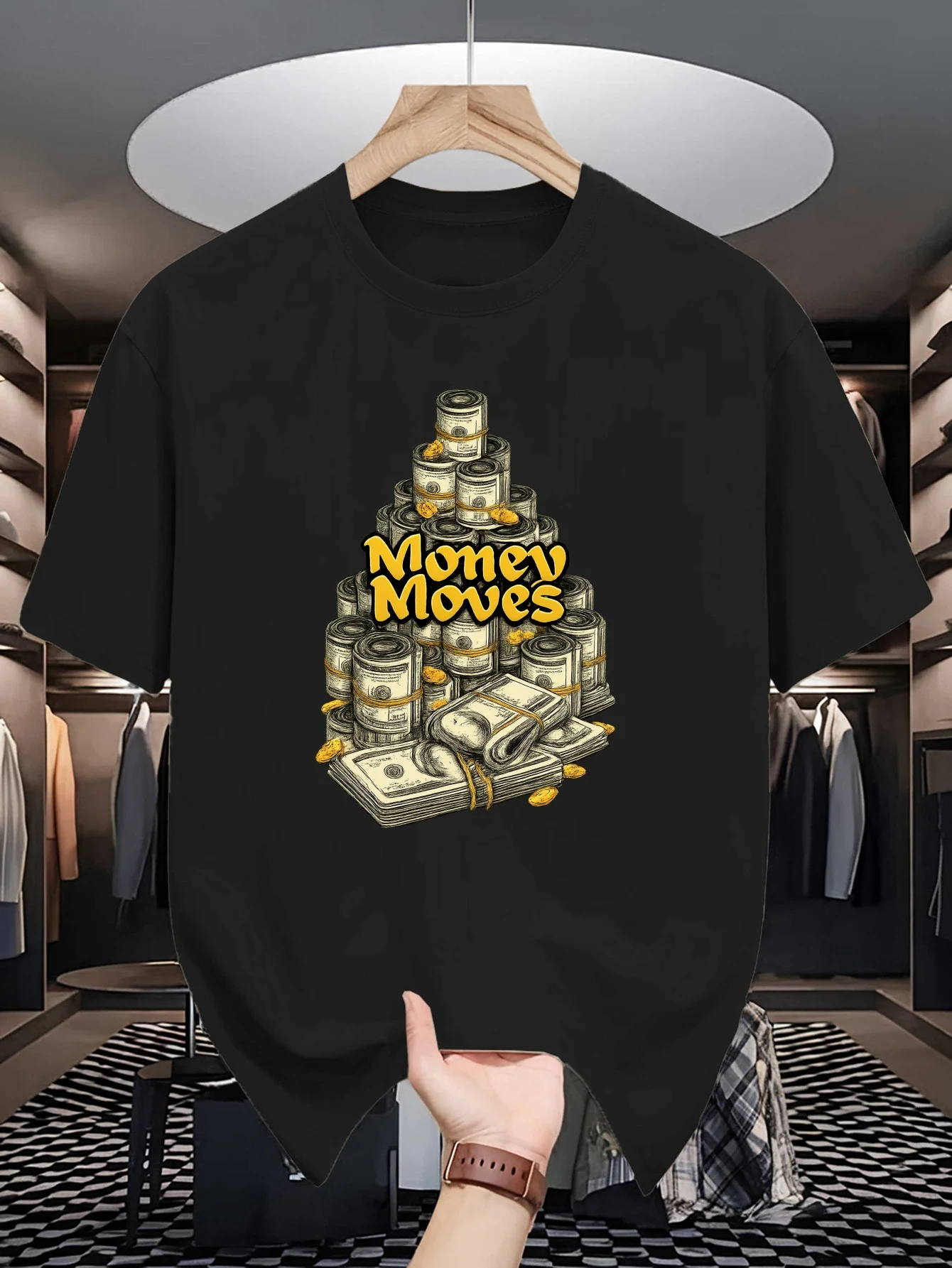 Stacked Cash Money Moves Graphic Mens Crew Neck T Shirt Wealth Motivation Print Short Sleeve Casual Cotton Daily Summer Tops