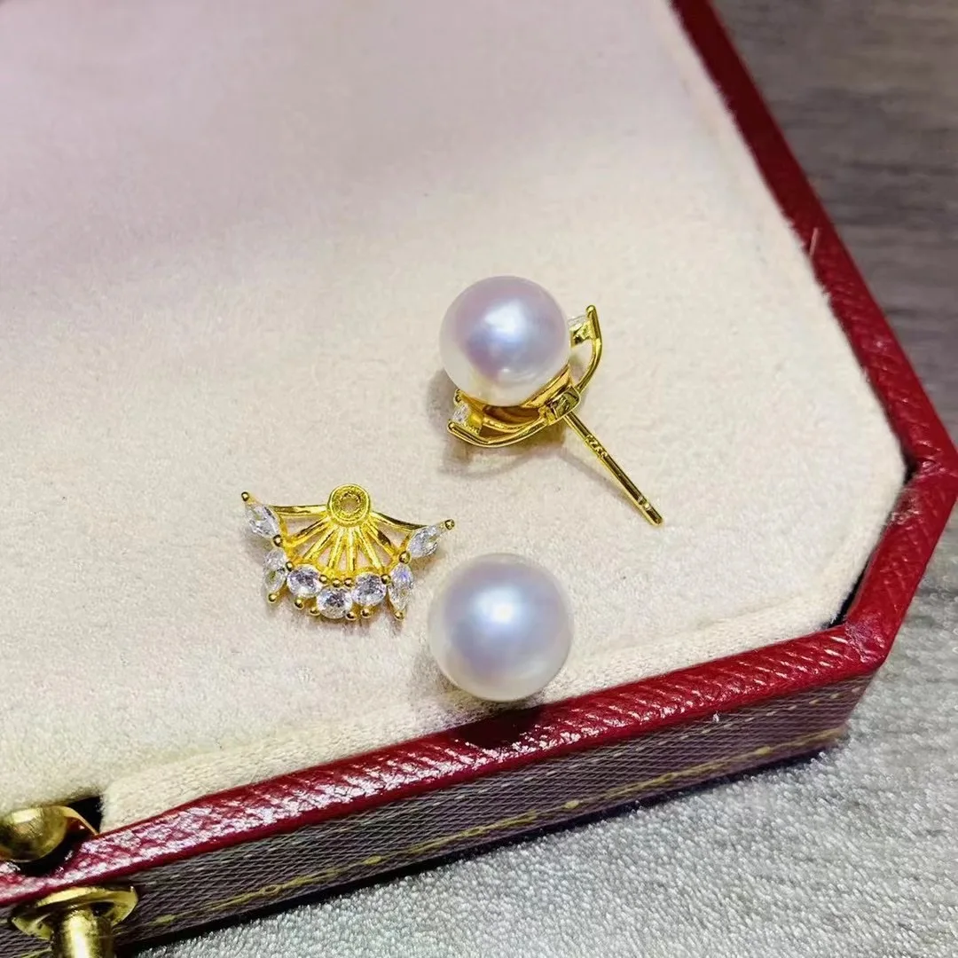 Exquisite pearl earrings AAAA 8-9mm natural Japanese round micro inlaid pearl earrings 925s, a dual-use item