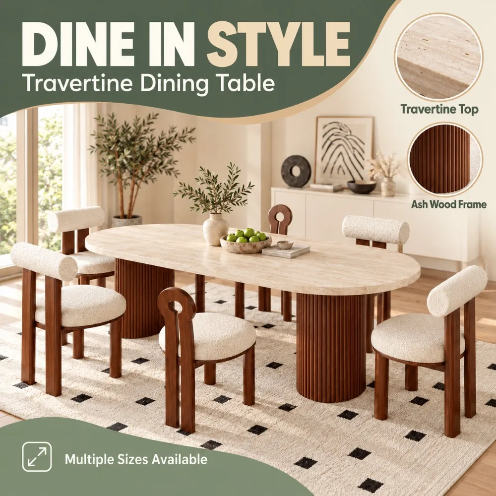 Vintage Semi Oval Sintered Stone Dining Table, High Temperature Resistant Solid Wood Base, 6 Seater For Home & Restaurant