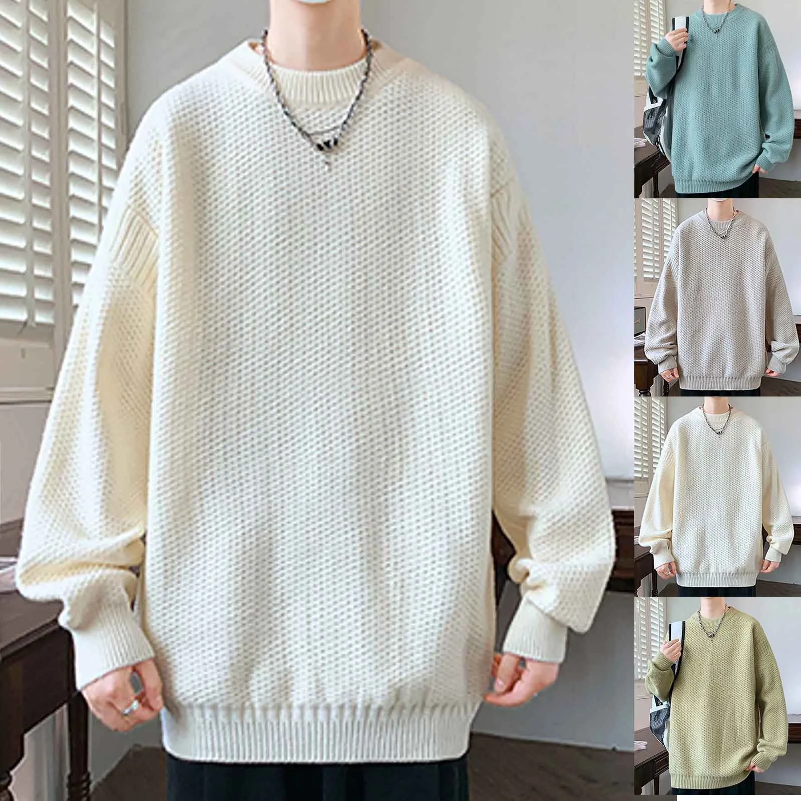 Autumn Spring Sweater Round Neck Loose Pure Color Long Sleeves Knitted Pullover Stretchy Casual Daily Wear Mid Length Top Warm