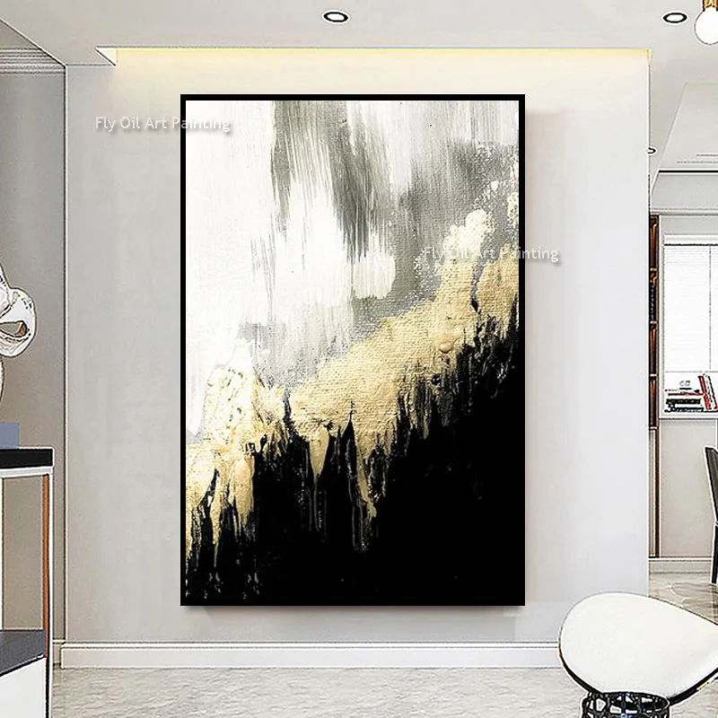 Black White Golden Wave Hand Painted Canvas, Plaster Abstract Art, Minimal Vertical Wall Decoration for Living Room
