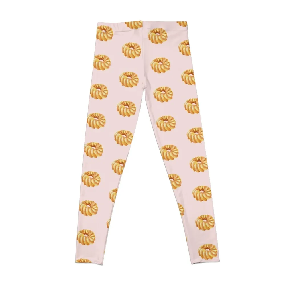 Honey cruller donut watercolour illustration (Pink background) Leggings Women's gym joggers for Womens Leggings