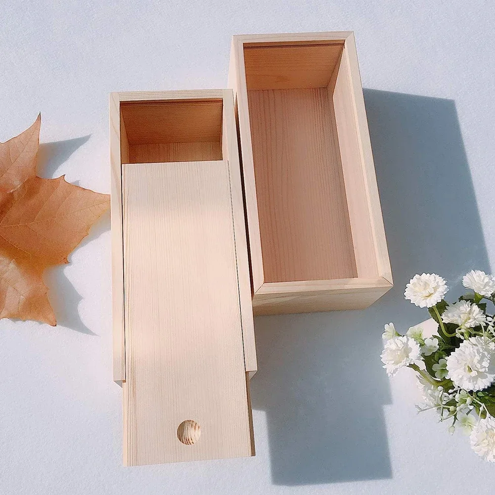 Wooden Storage Box Log Drawer Pine Pull-Out Box Sliding Cover Wood Jewelry Organizer Case Earring Container DIY Rectangle Case