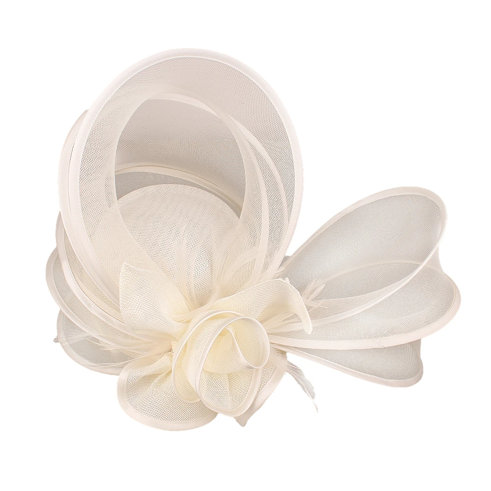 Beige Millinery Caps With Headbands Accessories Imitation Sinamay Derby Cocktail Hat Women Bridal Hair Fascinators Feather Fancy view 6
