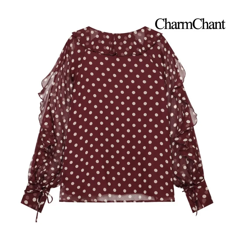 CHARMCHANT Women's Polka Dot Chiffon Blouse V Neck Shirt Ruffle Trim Long Sleeve Top Daily Vintage Casual 2026 Spring
