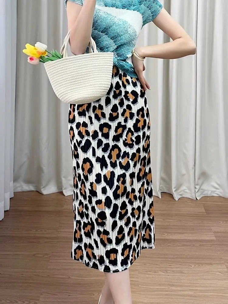 New Summer High-waisted Leopard Print Skirt with Pleated Retro Slim Slit Skirt