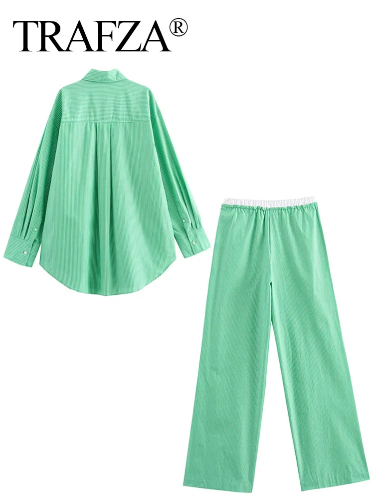 TRAFZA-Camisas femininas com gola virada para baixo, mangas compridas, peito único, elástico na cintura, roupas de calça com renda, na moda, verde, 2024