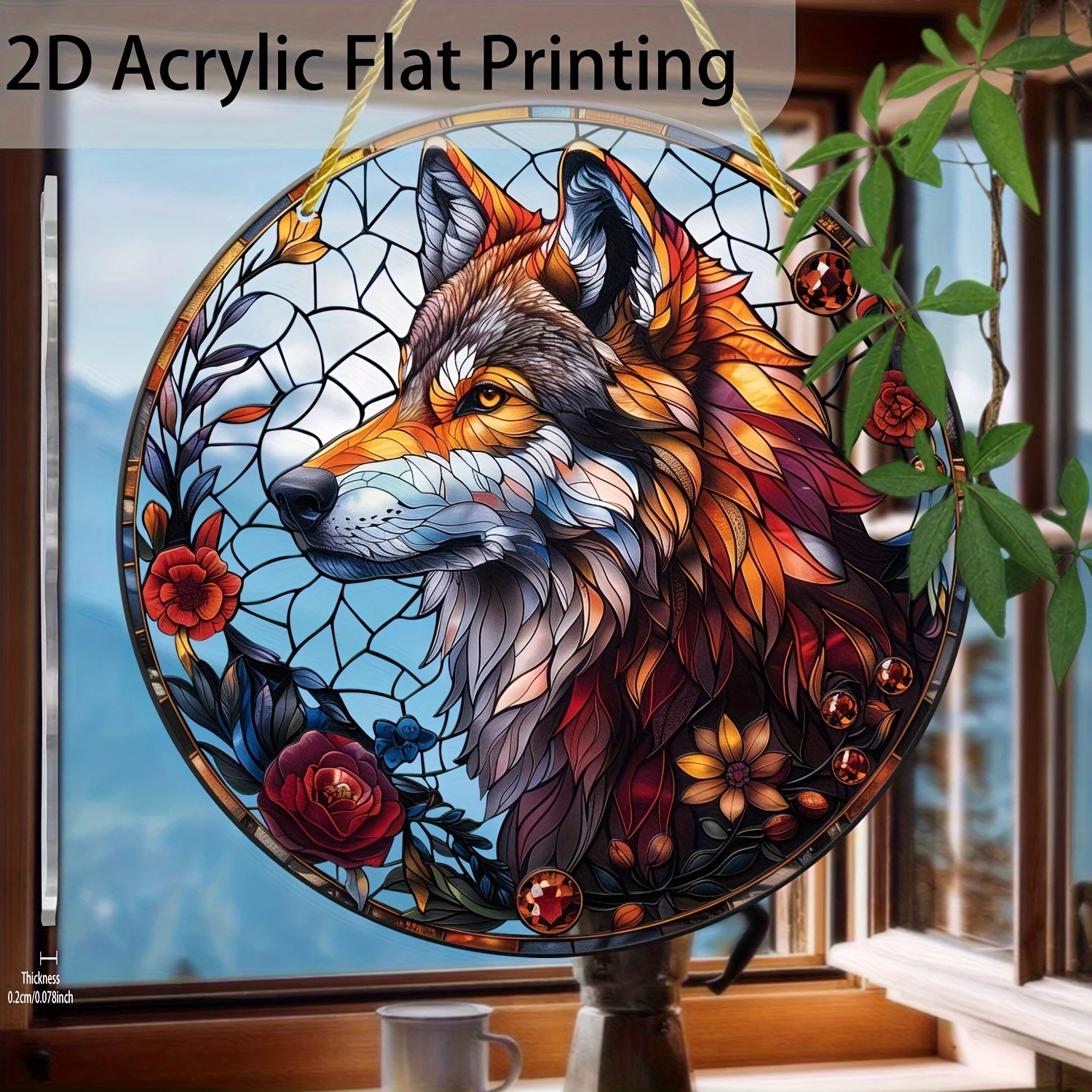 Acrylic Painting Stained Glass Style Majestic Wolf Head with Vibrant Floral and Gem Accents Round Window Hanging Decor, 2D Flat