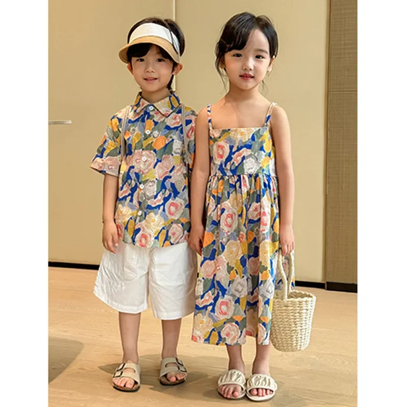 

2024 Korean Children Clothing Girls Dress Vacation Look Kids Clothes Resort Beach Brother Sister Matching Outfits Boy Shirt Sets