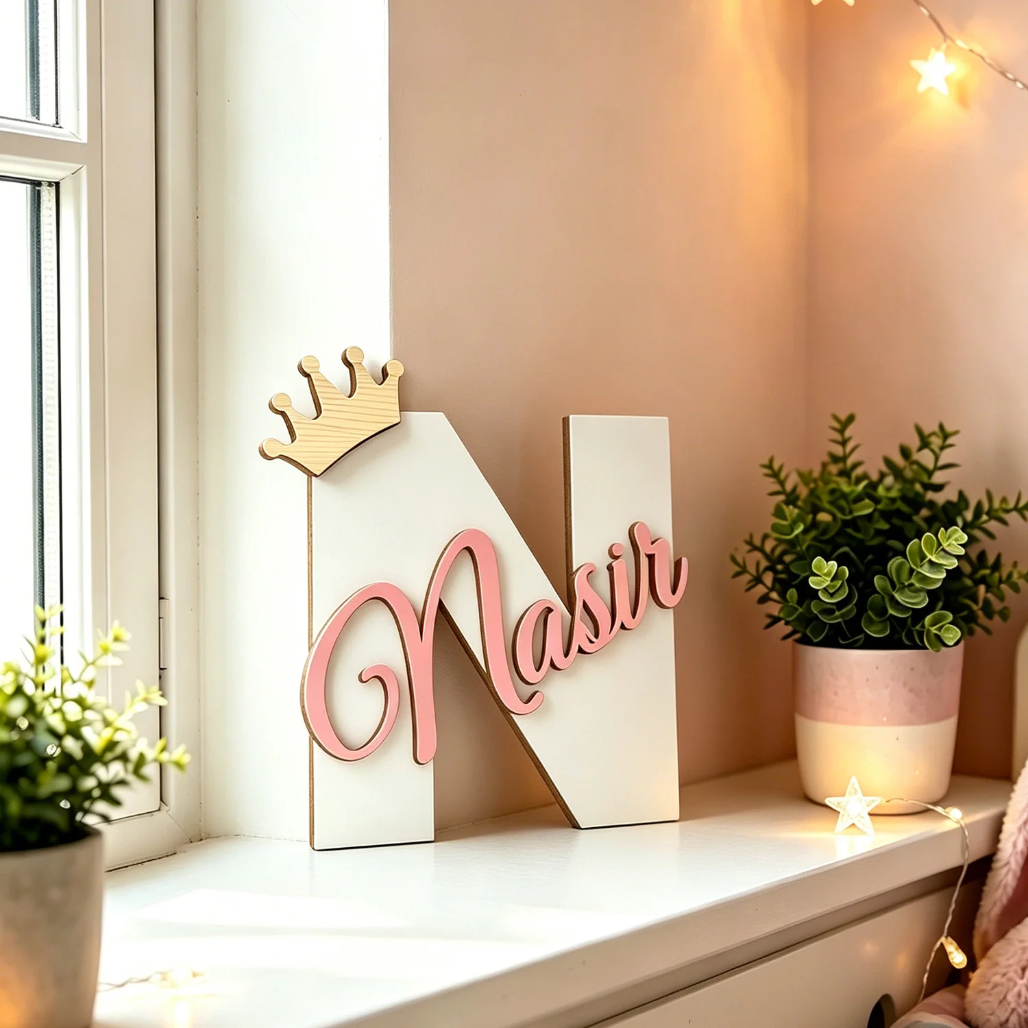 1pc Custom Crown Initial Letter Wooden Name Sign Personalized Custom Text Tabletop Wall Bedroom Home Decor Ornament
