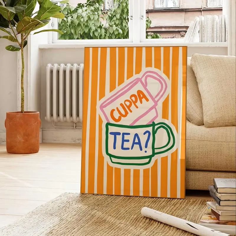 Modern Tea Cup Pattern Printed Minimalist Orange Stripe Canvas Poster Image Wall Art for Living Room