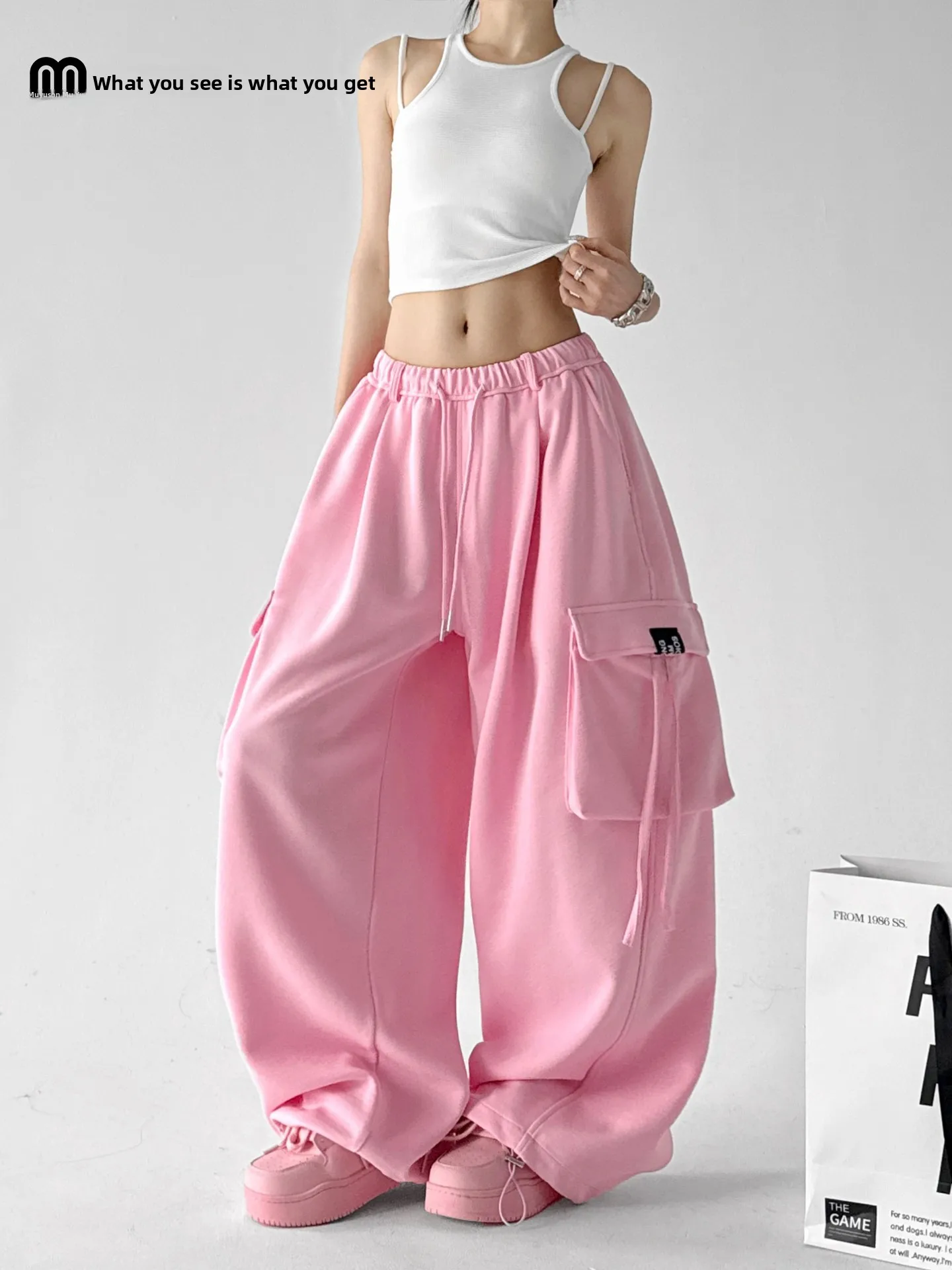 Pink High Waist Wide Leg Sweatpants Women's Loose Multi Pocket Workwear Slimming Sports Pants Summer 2026 Fashion Trend