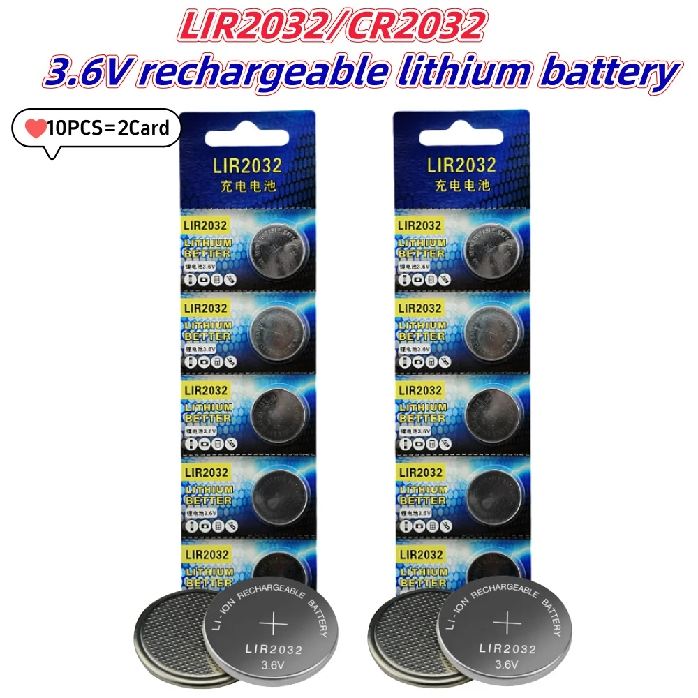 10 pièces LIR2032 batterie Rechargeable pratique 2032 Lithium charge peut remplacer 3.6 v 40mAH CR2032 pour montres pile bouton
