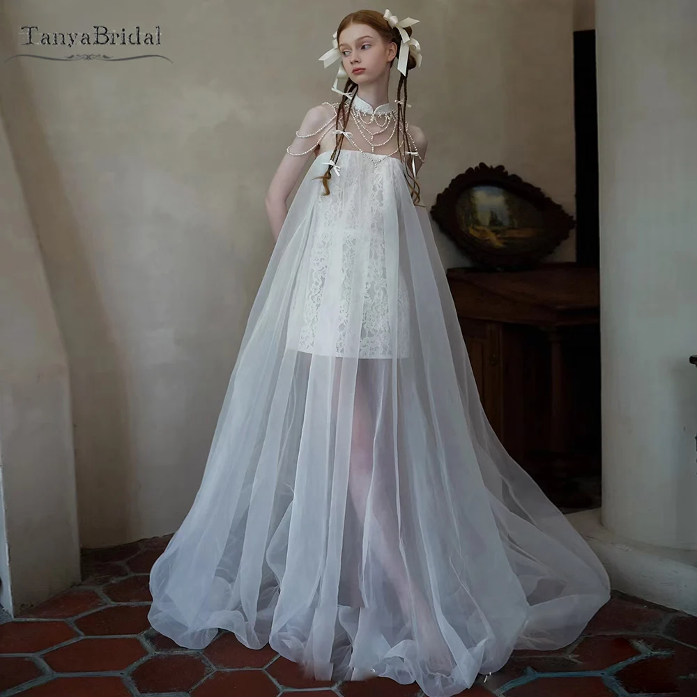High Neck A Line Wedding Dress Tulle Skirts Bohemian Bridal Gowns With Pearls Beading Line  DW972
