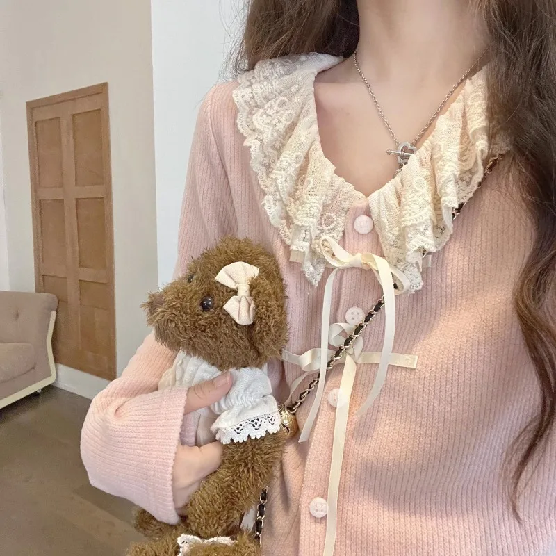 Deeptown Kawail Lace Up Knitted Cardigan Sweater Japanese Fashion Women\'s Aesthetic Knitwear Spring Cute Sweet Preppy Korean