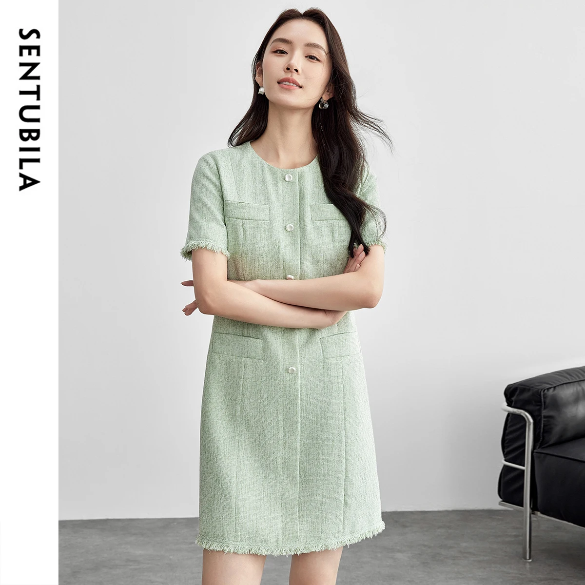 

SENTUBILA Summer Green Dress for Women 2025 Spring Luxury Style Crewneck Short Sleeve Button Evening Short Dress 151L58195