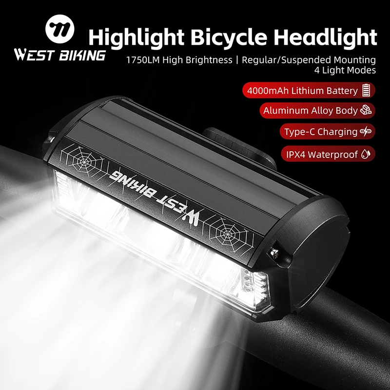 WEST BIKING High Brightness Bicycle Headlight Safety Warning Light Waterproof 4000mAh Type-C Charging MTB Road Bike Lamp Parts