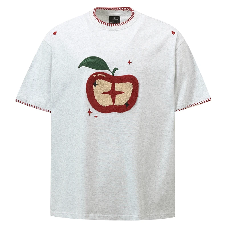 

Мужская футболка с рисунком Apple, футболка с вышивкой, уличная одежда в стиле Харадзюку, повседневный хлопковый летний топ большого размера с красной строчкой