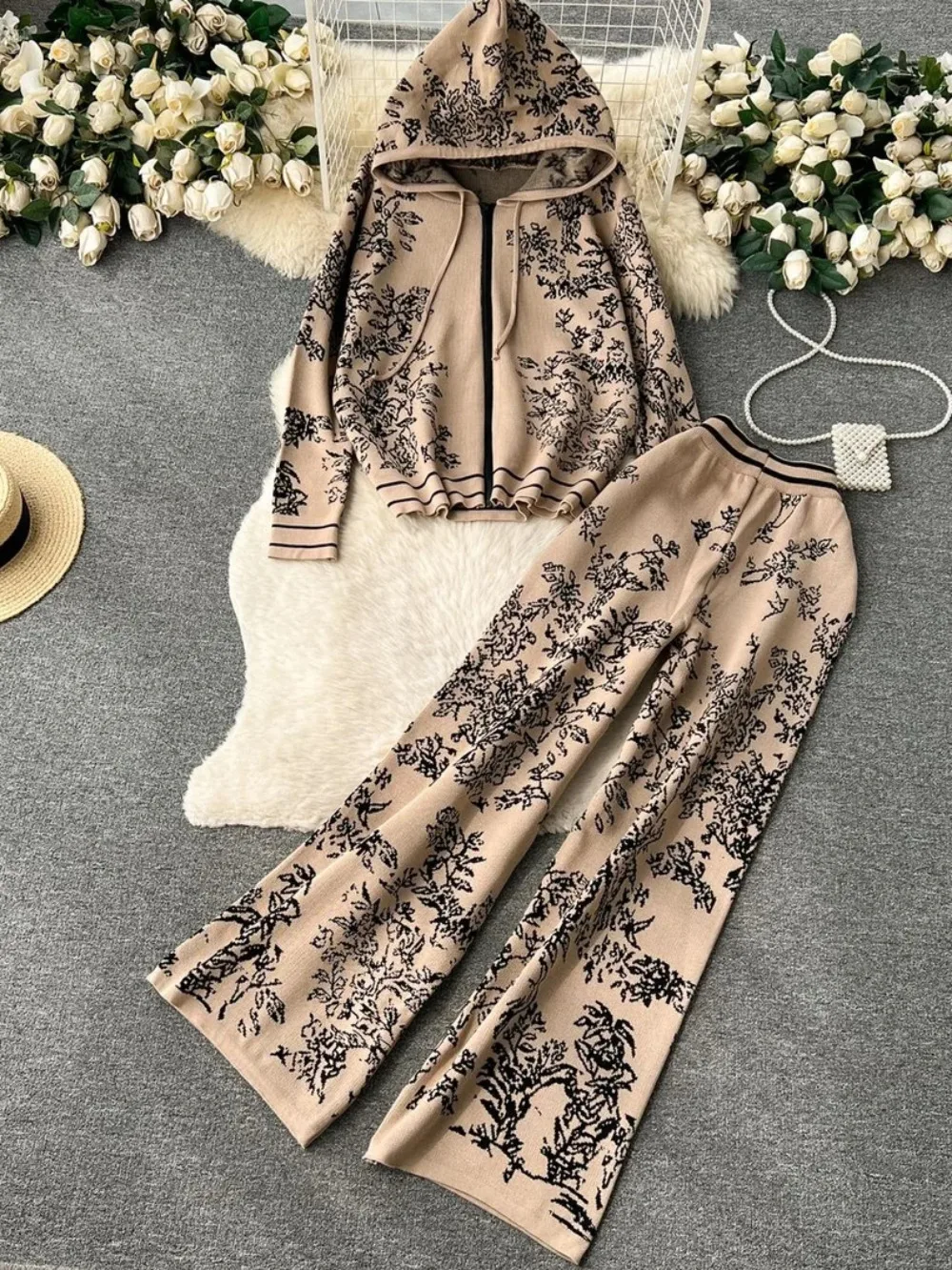 Two Piece Set Muslim Women Knitted Coat Hooded Jacket Zipper Wide Leg Pants Suit Print Ensemble Sports Outfits Knit Tracksuit