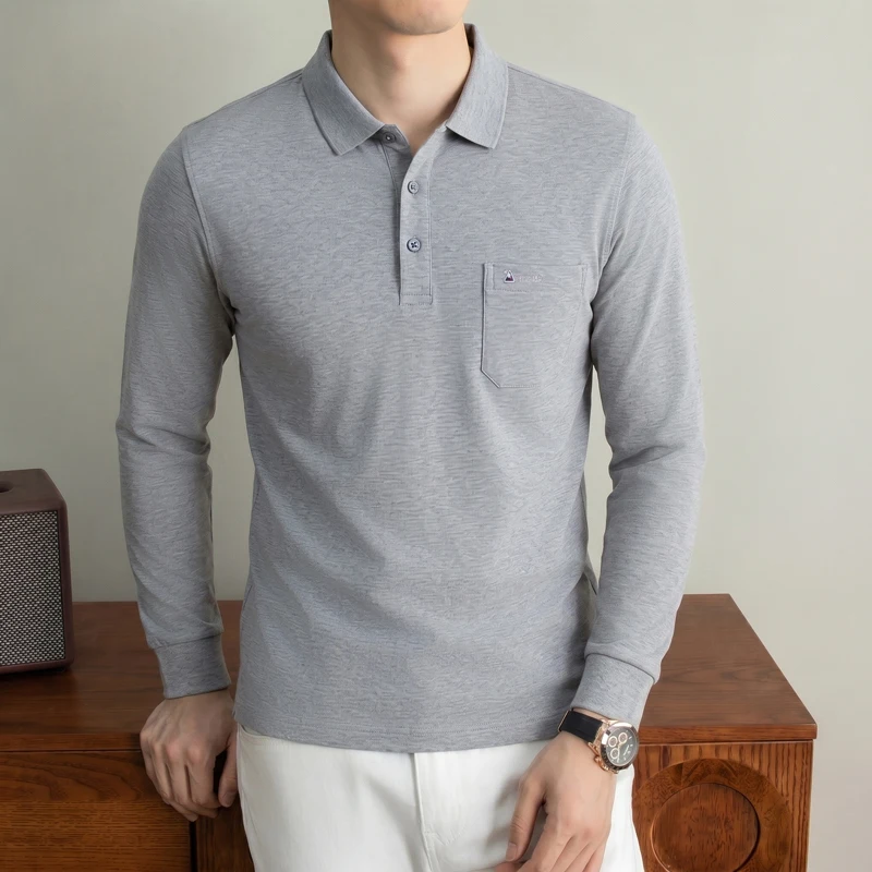 Trend solid color men's long sleeve polo shirt brand high-quality exquisite embroidery pocket new comfort casual autumn T-shirt
