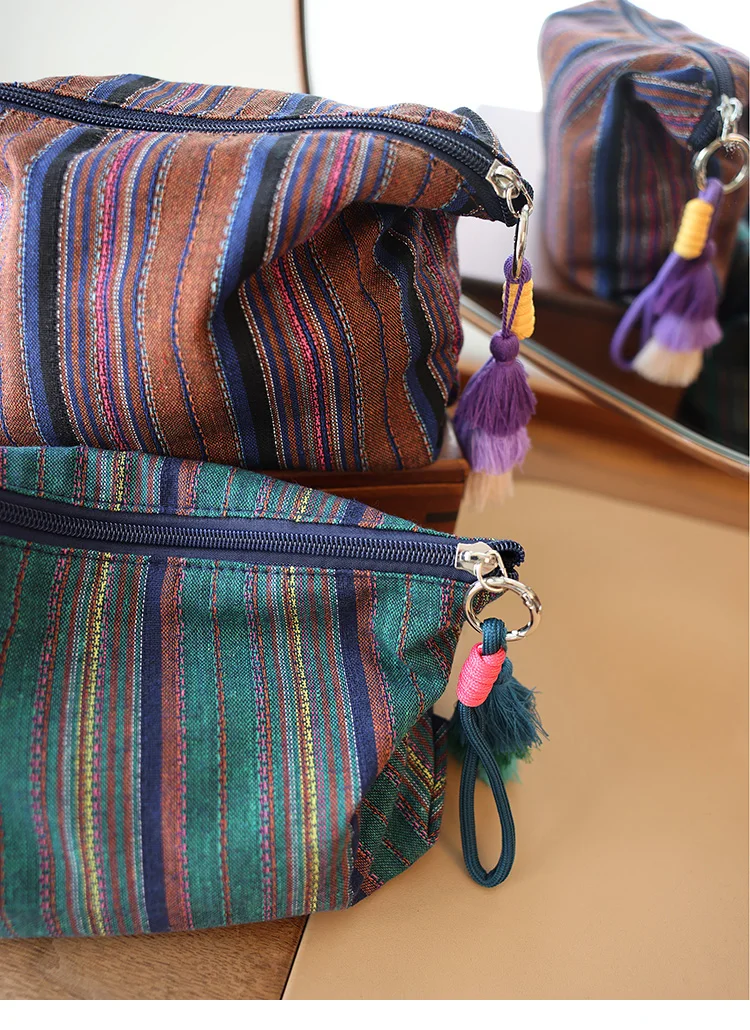 Bunt gestreifte Fransen-Anhänger-Make-up-Tasche im Ethno-Stil für Damen, mit Reißverschluss, für Reisen, tragbare Aufbewahrungstasche, Innenfutter-Tasche, Clutch – Detail 10
