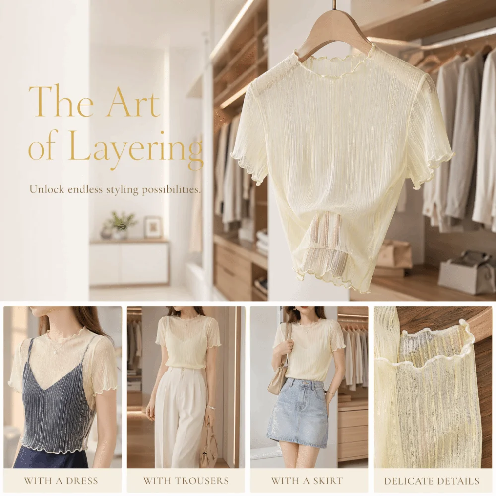 Elegant Nylon Silver Thread Lace Top Semi-sheer Mesh Fabric Short Sleeve Camisole Dress Inner Lace Short Sleeve Mesh Tee Women