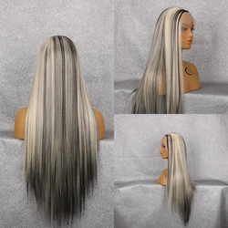 Highlight Black Blonde Bone Straight Long HD Transparent Lace Futura Heat Resistant Fiber Like Human Hair Synthetic Lace Wig