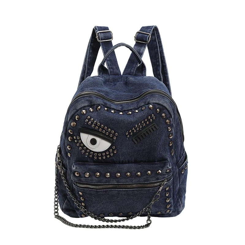 Vintage Denim Rivet Backpack Women Punk Eye Pattern Chain Decor Rucksack Gothic Studded Large Capacity Casual Travel Backpack view 6