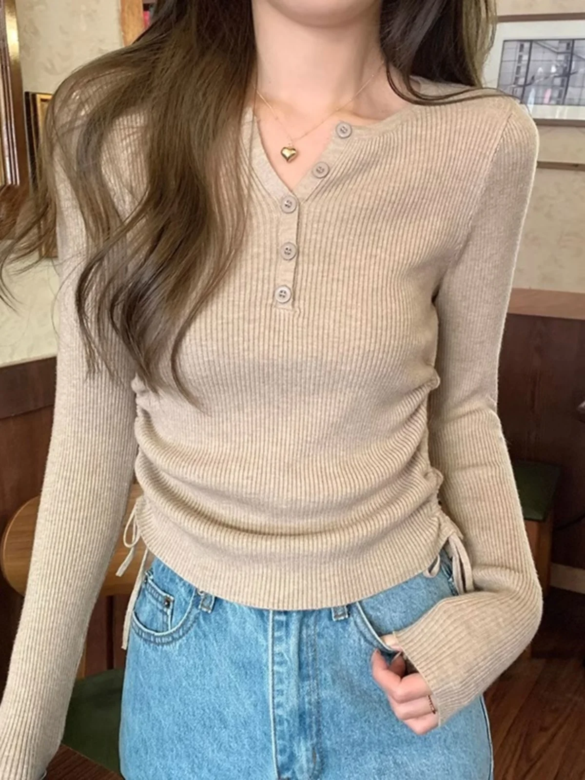 Women's Slim Fit V-Neck Knitwear Base Shirt Autumn Winter New Style Inner Wear Rope Drawstring Korean Style Long Sleeve Top