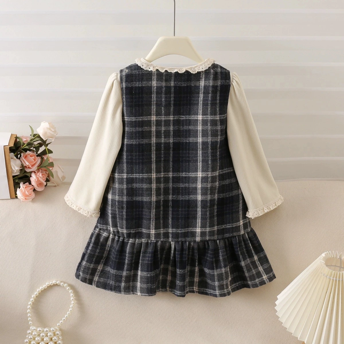 2025 Girls' Set Spring and Autumn New Set Temperament Plaid Tank Top Dress + Baby Long Sleeve Bottom Shirt