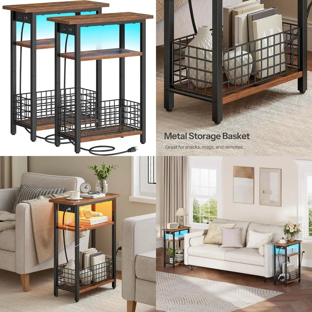 

Pair of Compact Side Tables with Charging Port & LED Light, Storage Nightstands for Small Spaces, Rustic Brown Accent Tables