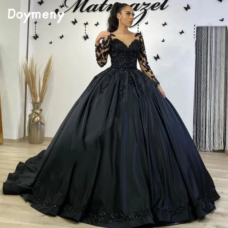 Doymeny-Robe Quinceanera à manches longues, robe de mariée, perles appliquées, train de balayage en satin, fermeture à glissière bijou, robe éducative