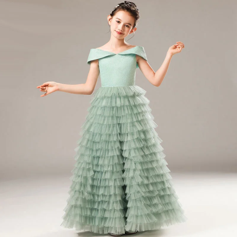 Girls Sage Green Custom-made Tiered Skirt Party Dress for Wedding Pink Tulle Christmas Ceremonial Dress for 1-14-Year-old Kids