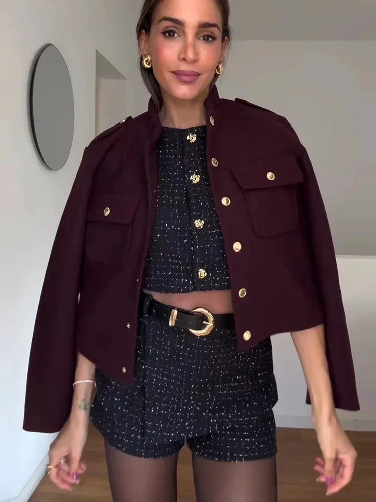 Elegant Women's Burgundy Jacket Vintage Stand Collar Single Breasted Full Sleeve Pocket Coat  Autumn Lady Office Outwear New