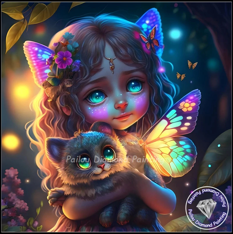 Fantasy Cute Rainbow Girl With Butterfly And Magic Cat Squirrel Animal Diamond Painting Art Mythical Elf Fairy Mosaic Gift Decor