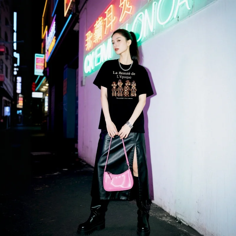 Trendiges süßes Street-Style-Damen-Kurzarm-T-Shirt mit europäischem Stationshund-Muster, bedruckt, modisches, lässiges Oberteil für Damen