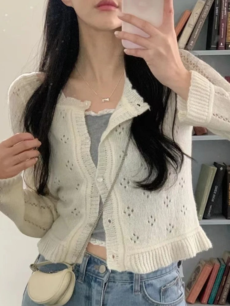 سترة نسائية أنيقة مجوفة برقبة دائرية وأكمام قصيرة وأكمام طويلة للربيع، نمط صديق للبيئة بمقاس صغير