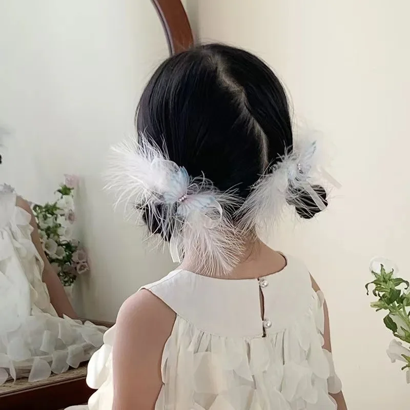 1Pc White Feather Hair Clip Blue Pink Butterfly Princess Hairpins Girls Side Duckbill Barrettes Bride Wedding Headwear Kids Hair