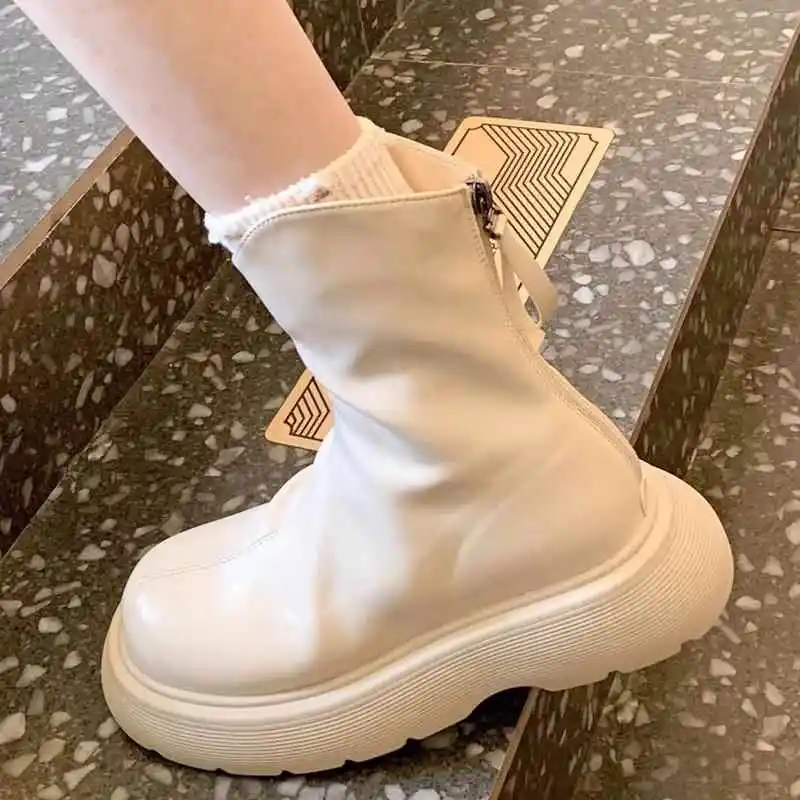 

Trendy British Style Boots Women's Thick Bottom round Head V-notch White Short Boots Princess Style Short Booties