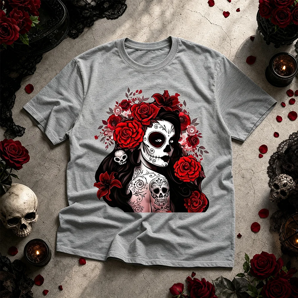 Unisex Gothic Day of the Dead T-Shirt with Sugar Skull And Rose Print Short Sleeve Breathable Casual Parents-Children O-Neck Top
