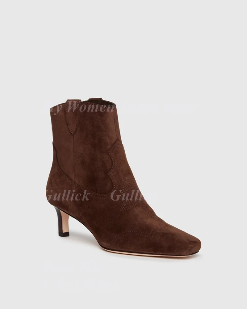 Suede Small Square Toe Ankle Booties Back Zipper Runway 2026 Winter Autumn Women Dress Shoes High Heel Handmade Brown Customized