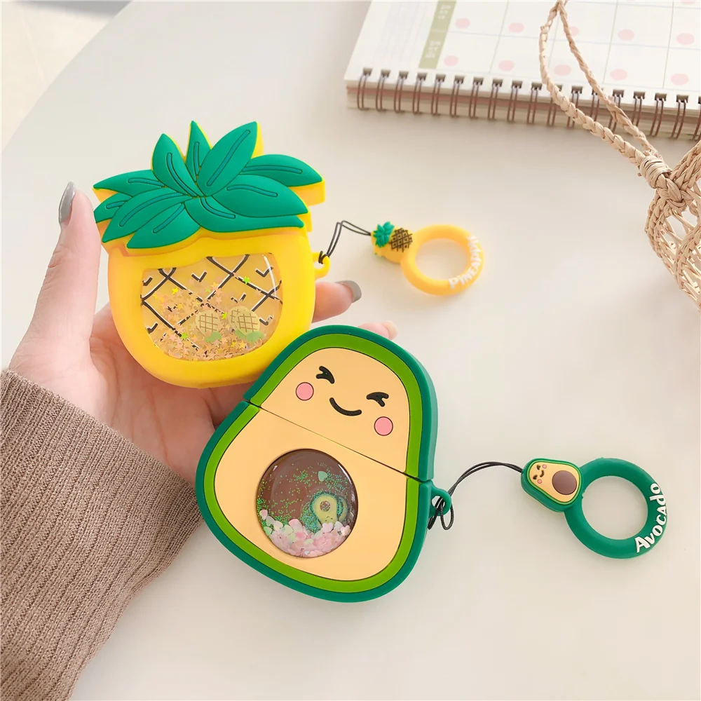 Cute fruit Liquid quicksand glitter pineapple Avocado Wireless Bluetooth Earphone Case for Airpods pro 3D Silicone headset Cover