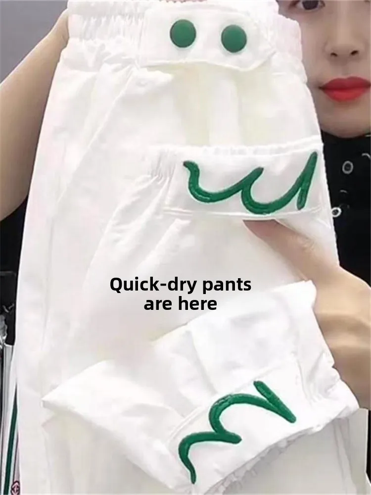 

Quick Dry White Casual Pants Loose Slimming Black Nine-Piece Women's Pants High Waist Korean Style Summer Cotton Blend