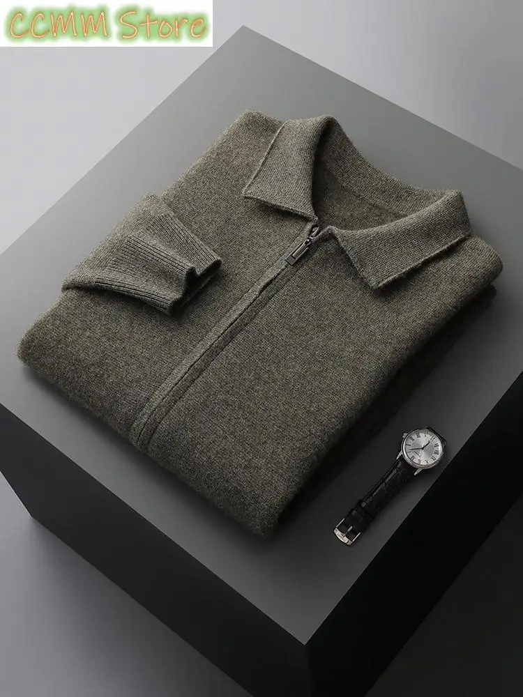 High-end Men's Cardigan 100% Merino Wool Knitted Zipper Jacket Autumn and Winter Thickened Long Sleeve Men's Sweater Lapel Shirt